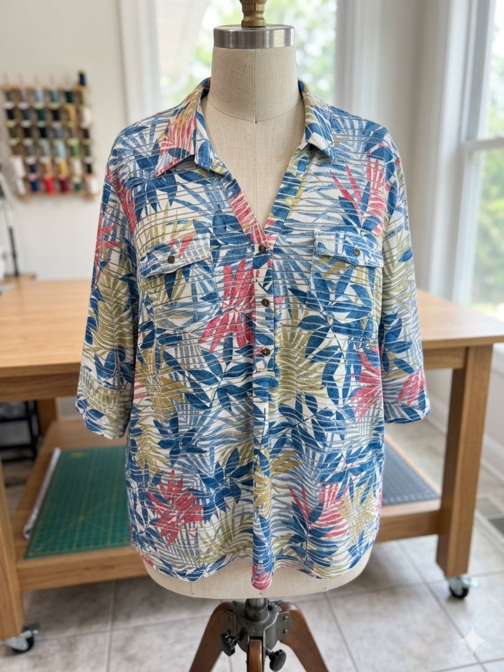 Relaxed Oversized Polo Style Tropical Print Shirt - Blue Multi